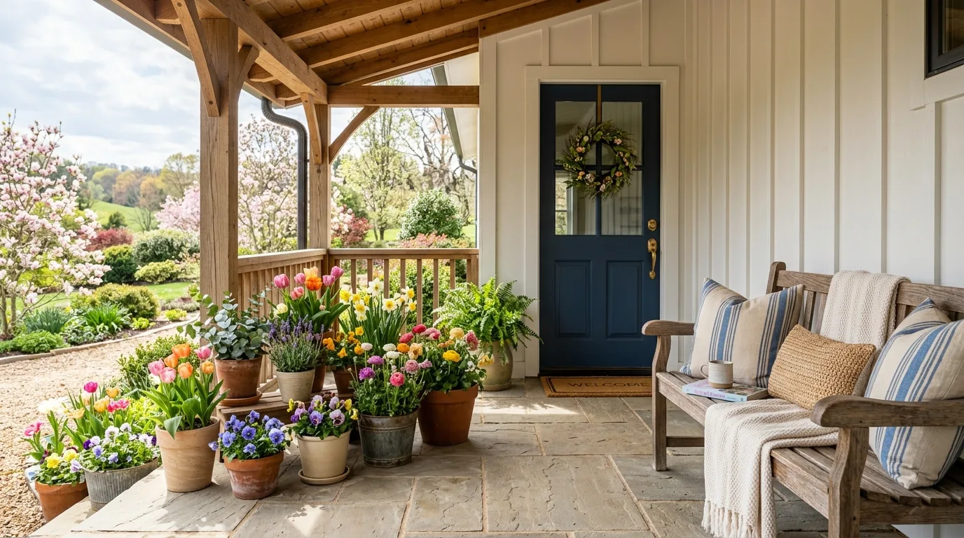 Modern Farmhouse Porch With Wooden Bench